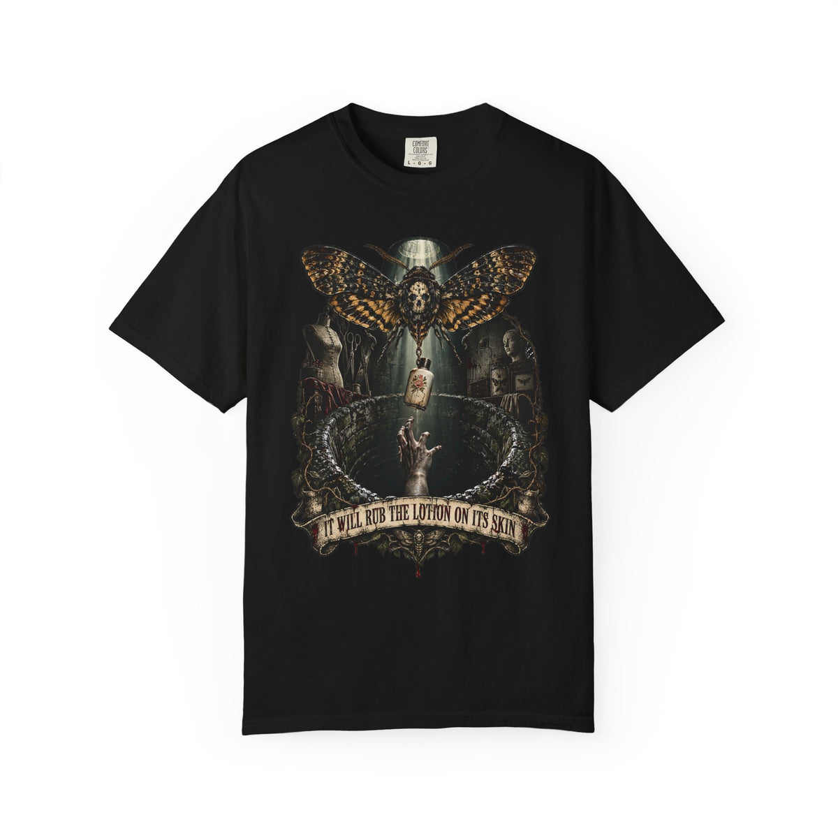 Silence Of The Lambs Moth & Skull Graphic T-Shirt — 'We Will Rub Lotion On Its Skin' Movie Scene Tee — view 4