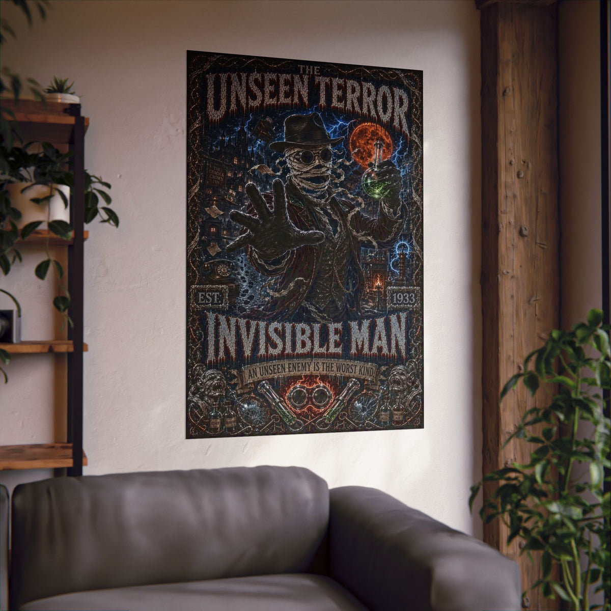 The Invisible Man Matte Vertical Poster — Retro Horror "The Unseen Terror" Movie Art