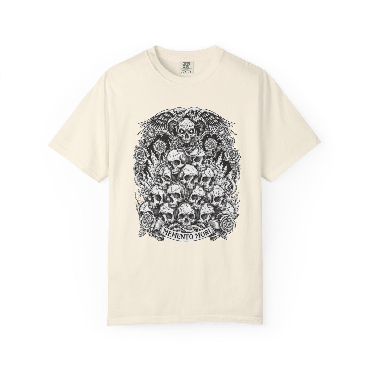 Memento Mori Skull Bouquet T-Shirt | Gothic Skull Stack, Roses — view 5