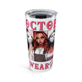 20oz In October We Wear Pink Female Horror Icons Tumbler — Creepy Girl & Masked Slasher Design