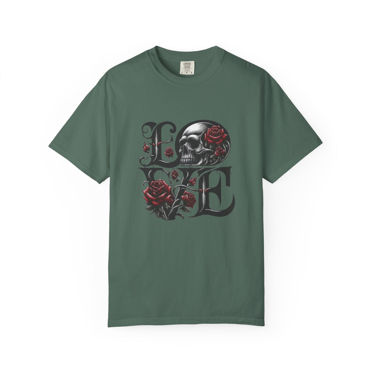 Skull and Roses LOVE T-shirt | Gothic Romance Typography Tee — view 10