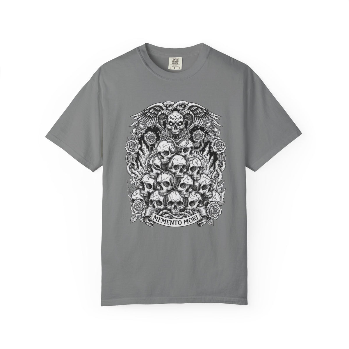 Memento Mori Skull Bouquet T-Shirt | Gothic Skull Stack, Roses — view 7