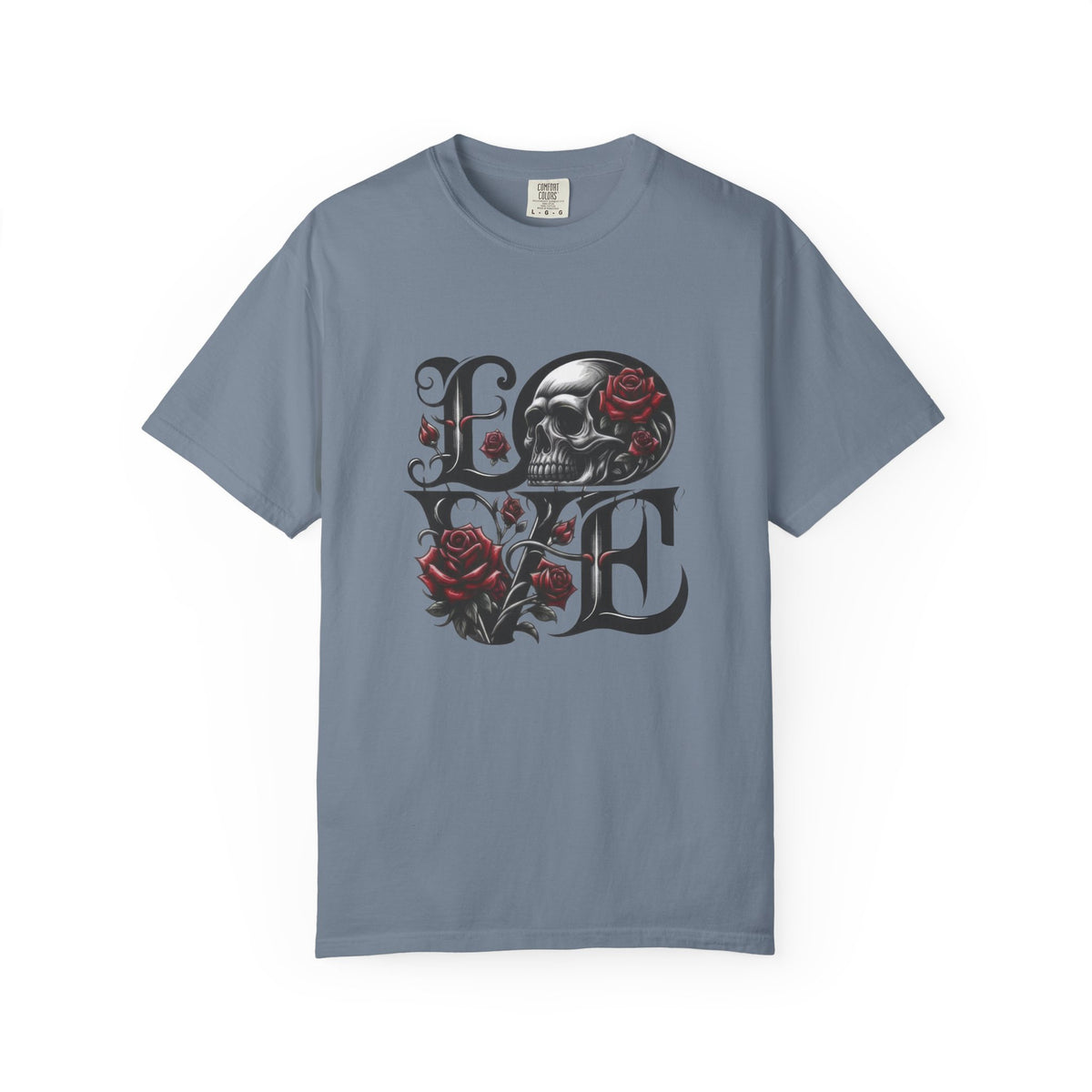 Skull and Roses LOVE T-shirt | Gothic Romance Typography Tee — view 11