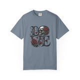 Skull and Roses LOVE T-shirt | Gothic Romance Typography Tee
