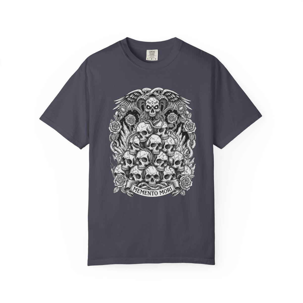 Memento Mori Skull Bouquet T-Shirt | Gothic Skull Stack, Roses — view 14