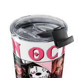 20oz In October We Wear Pink Female Horror Icons Tumbler — Creepy Girl & Masked Slasher Design