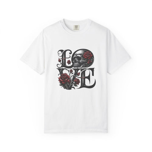 Skull and Roses LOVE T-shirt | Gothic Romance Typography Tee