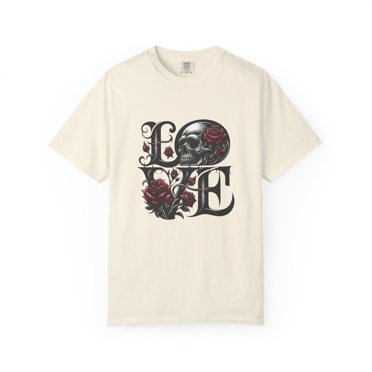 Skull and Roses LOVE T-shirt | Gothic Romance Typography Tee — view 4