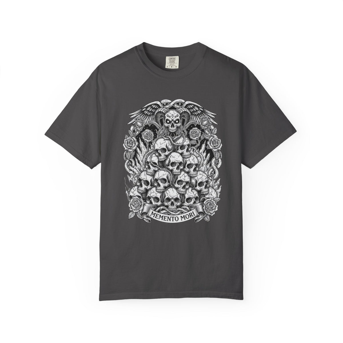 Memento Mori Skull Bouquet T-Shirt | Gothic Skull Stack, Roses — view 12