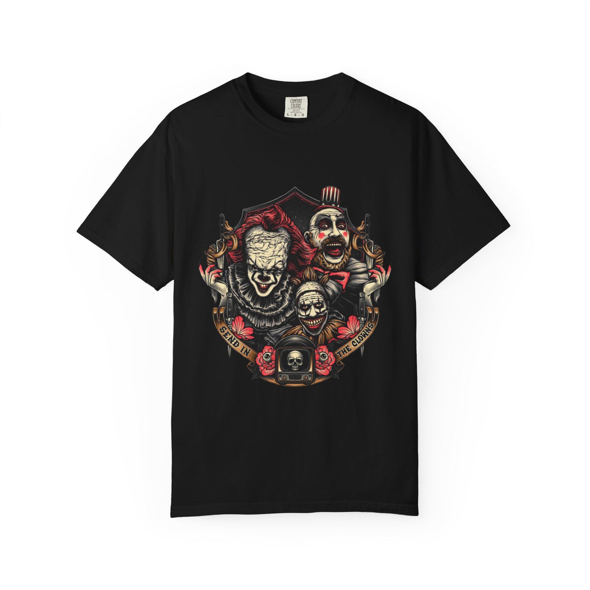 Horror Clown Trio Graphic T-Shirt — Creepy Circus Pennywise, Art The Clown, Captain Spaulding