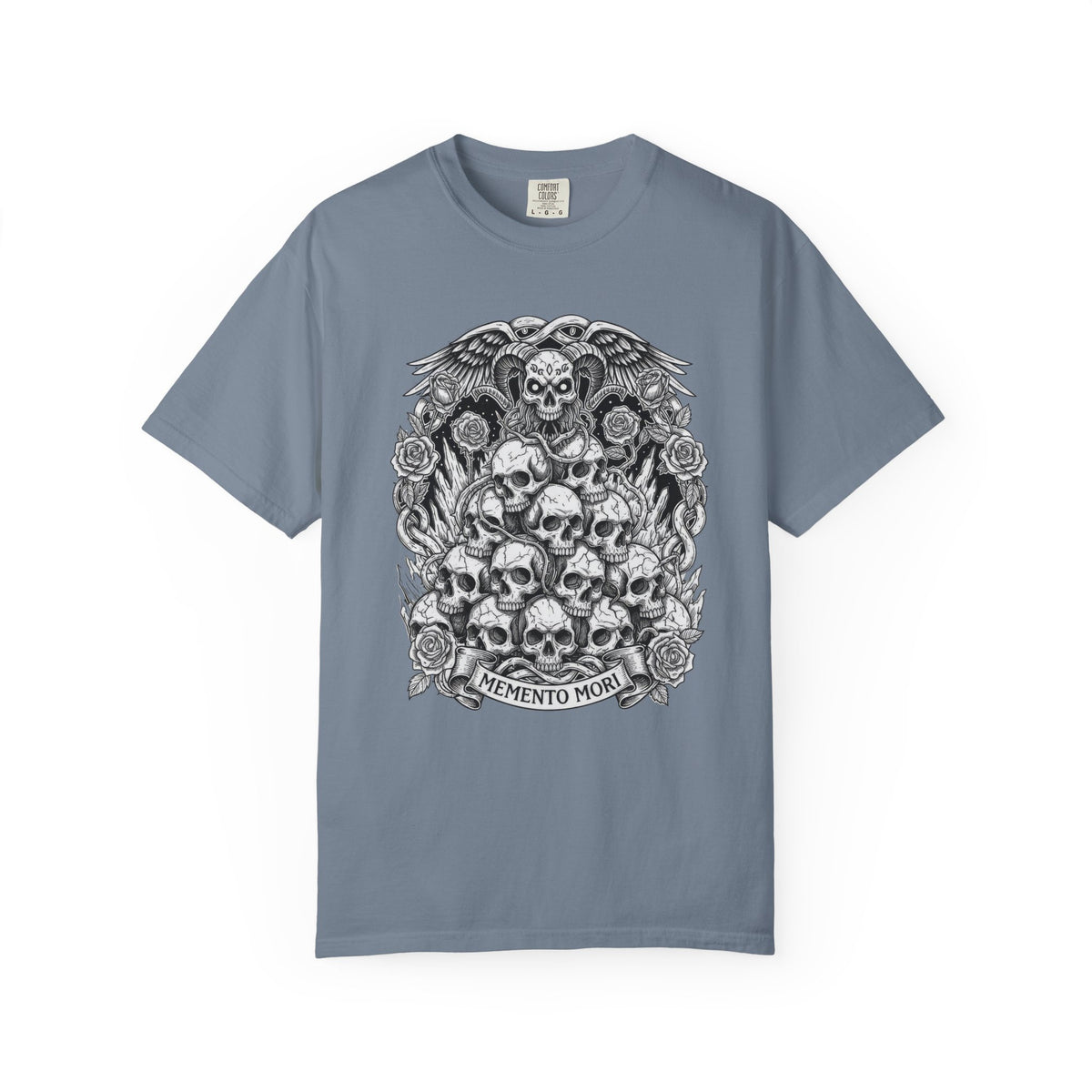 Memento Mori Skull Bouquet T-Shirt | Gothic Skull Stack, Roses — view 11