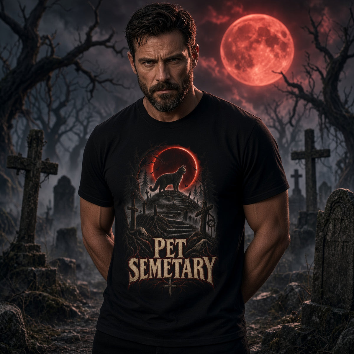 Pet Semetary Horror T‑Shirt — Retro Church Cat Graveyard Design — view 3