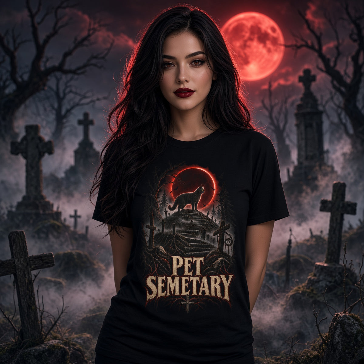 Pet Semetary Horror T‑Shirt — Retro Church Cat Graveyard Design — view 2