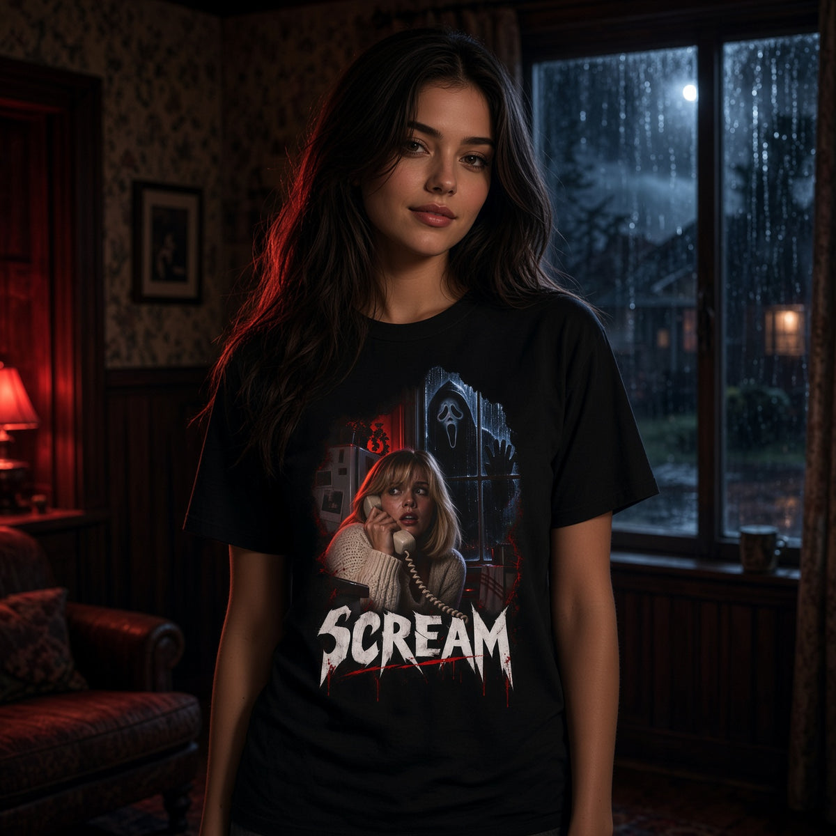Scream Movie Graphic T-Shirt — Retro Horror Ghost Phone Design — view 2