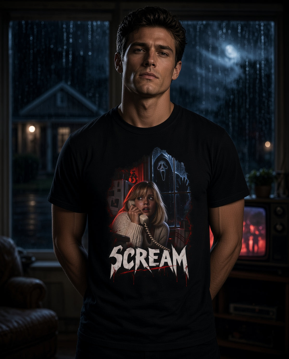 Scream Movie Graphic T-Shirt — Retro Horror Ghost Phone Design — view 3