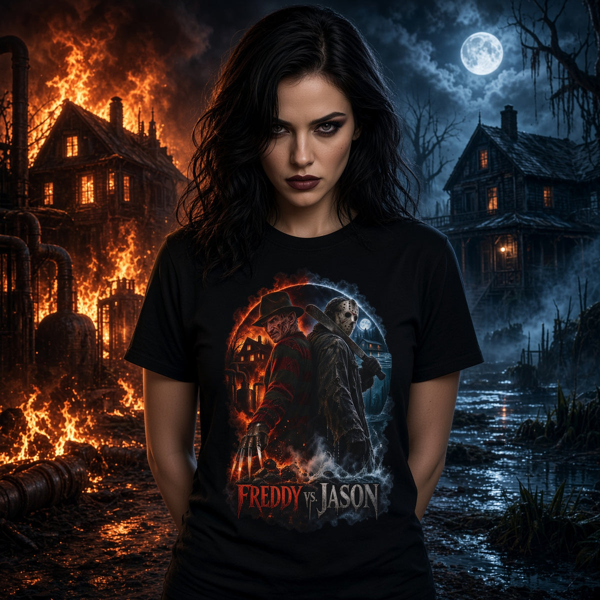 Freddy vs Jason Horror Movie T-Shirt — Retro Slashers Graphic Tee — view 2