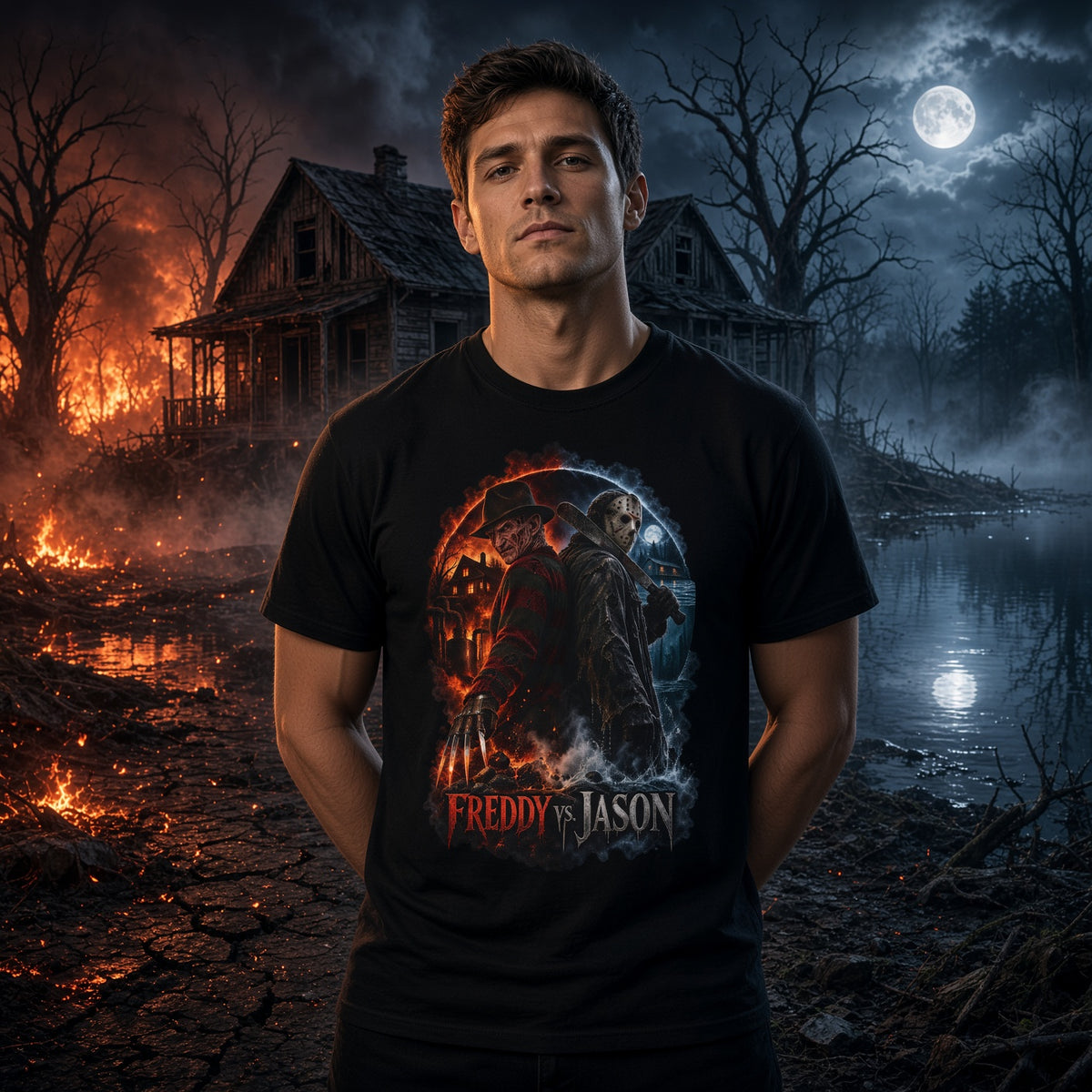 Freddy vs Jason Horror Movie T-Shirt — Retro Slashers Graphic Tee — view 3
