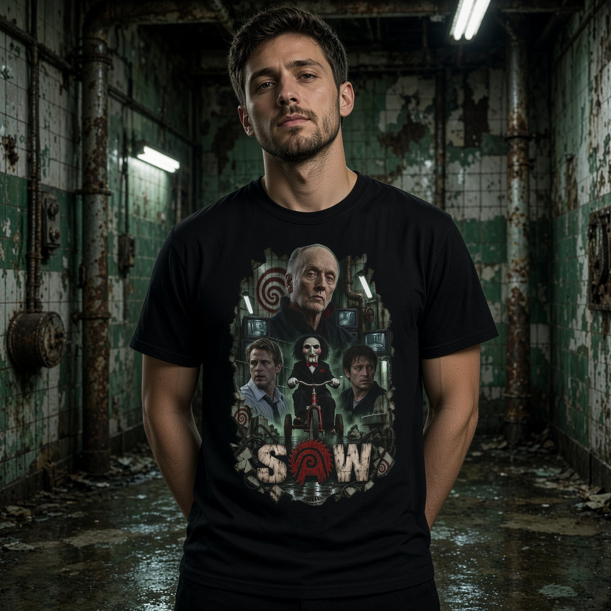 'SAW' Collage Graphic T-Shirt: Retro Horror TV Poster Tee — view 3