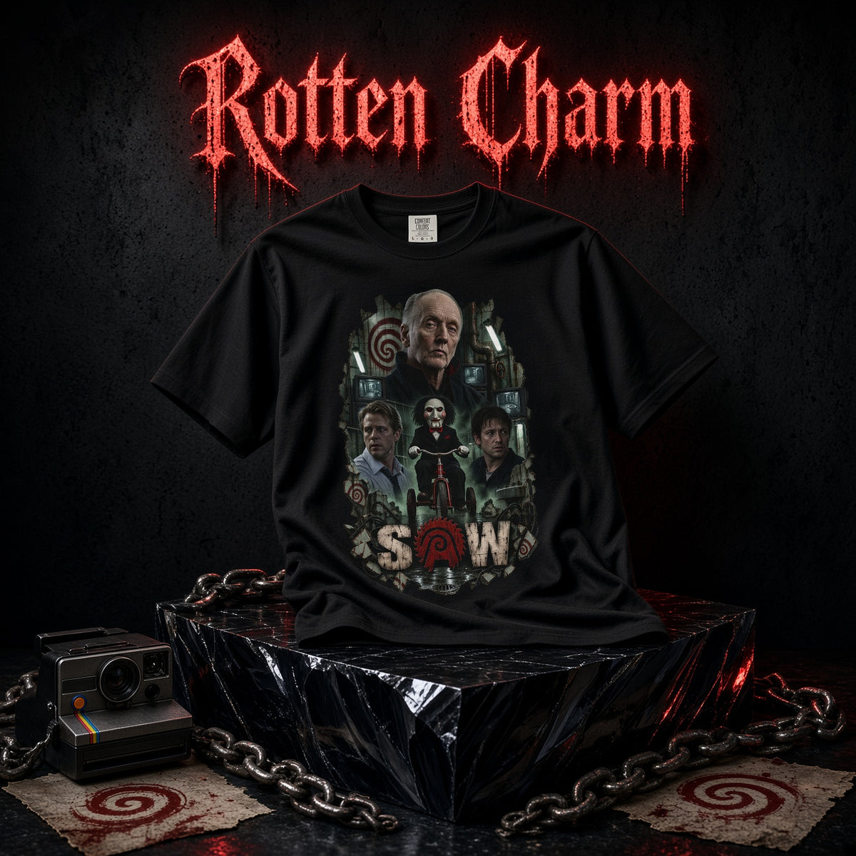 'SAW' Collage Graphic T-Shirt: Retro Horror TV Poster Tee