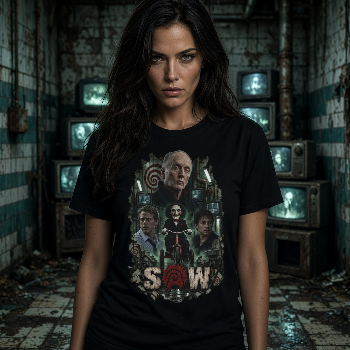 'SAW' Collage Graphic T-Shirt: Retro Horror TV Poster Tee — view 2