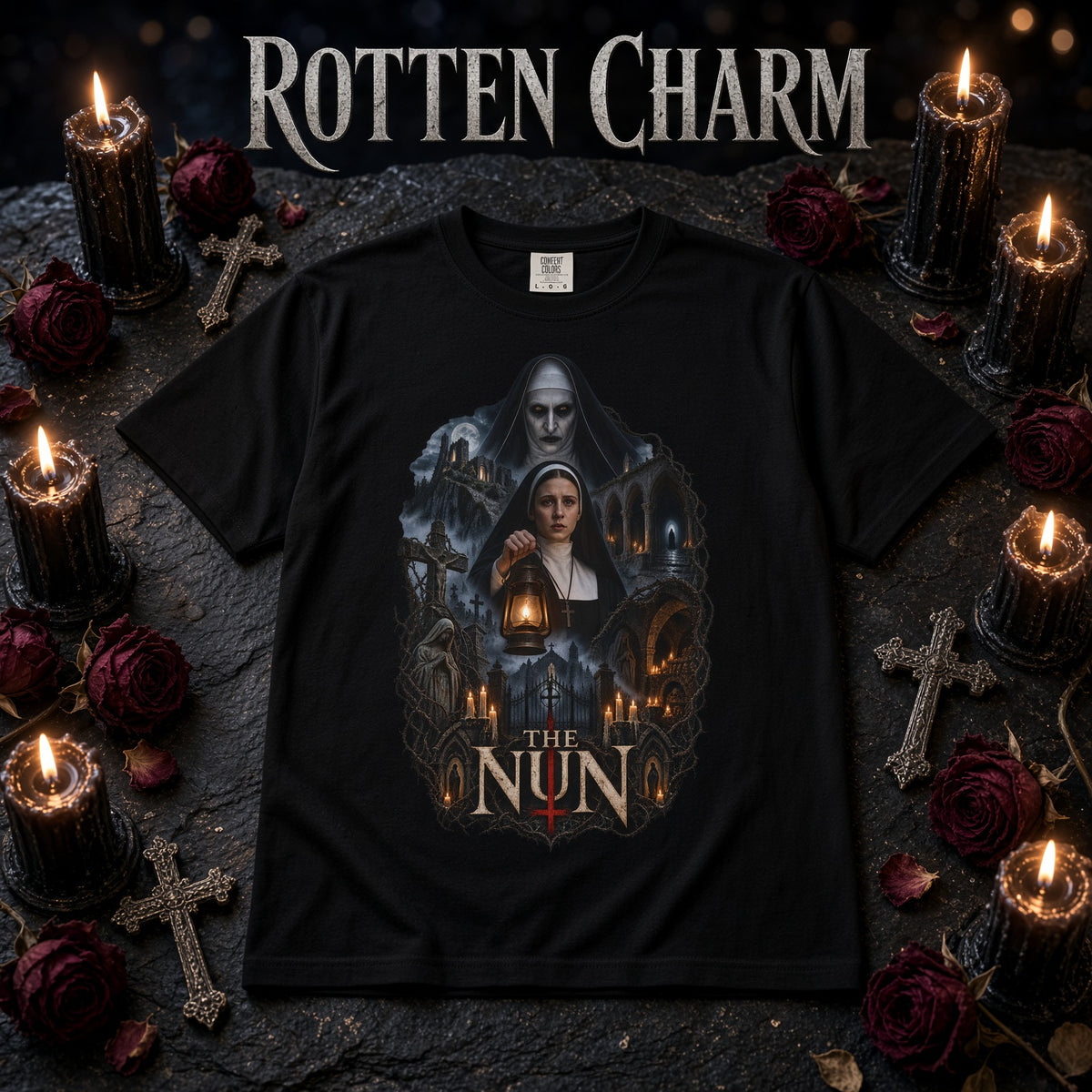 The Nun Horror Movie Graphic T-Shirt — Gothic Haunted Convent Design
