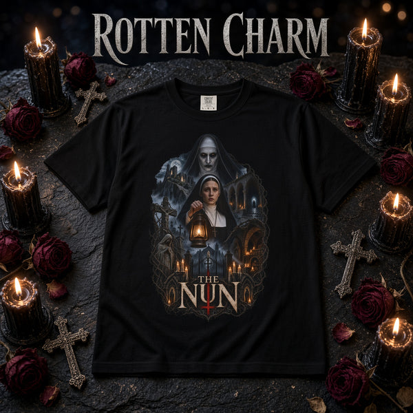 The Nun Horror Movie Graphic T-Shirt — Gothic Haunted Convent Design