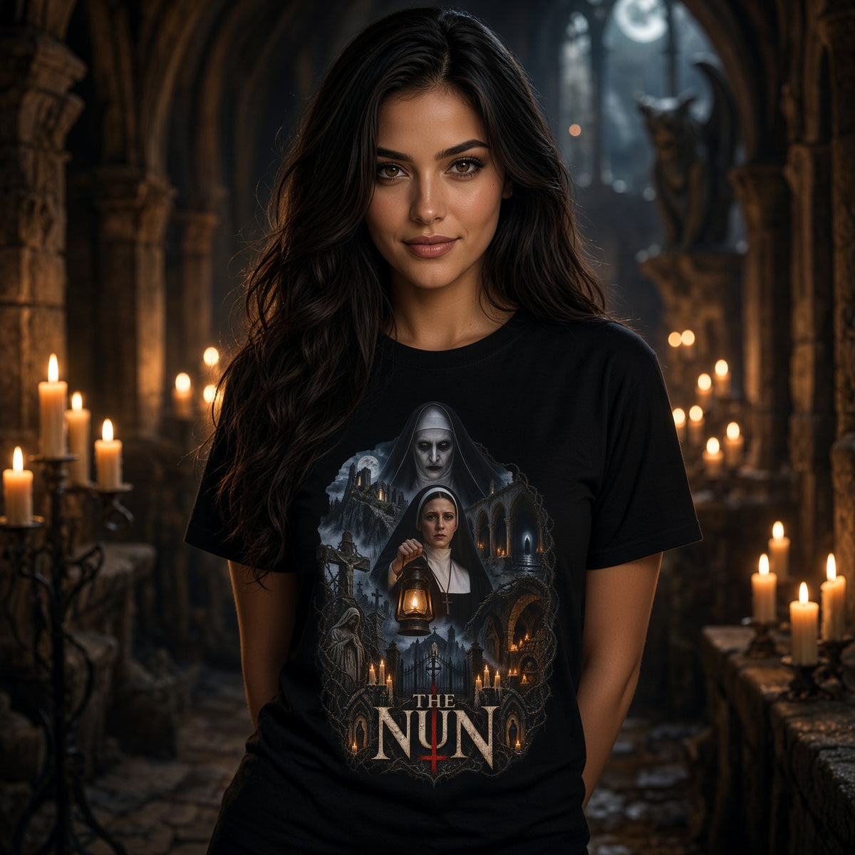 The Nun Horror Movie Graphic T-Shirt — Gothic Haunted Convent Design — view 2