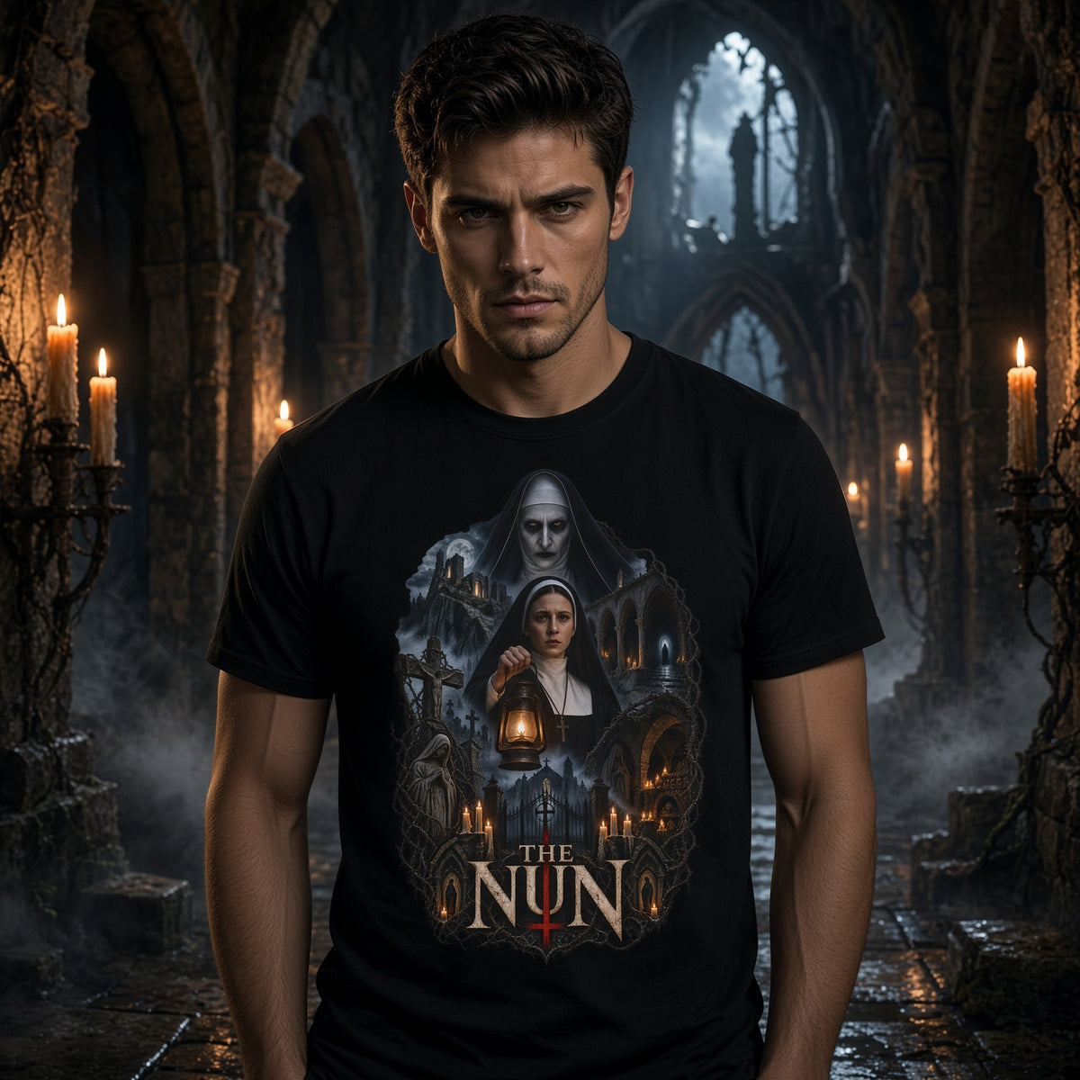 The Nun Horror Movie Graphic T-Shirt — Gothic Haunted Convent Design — view 3