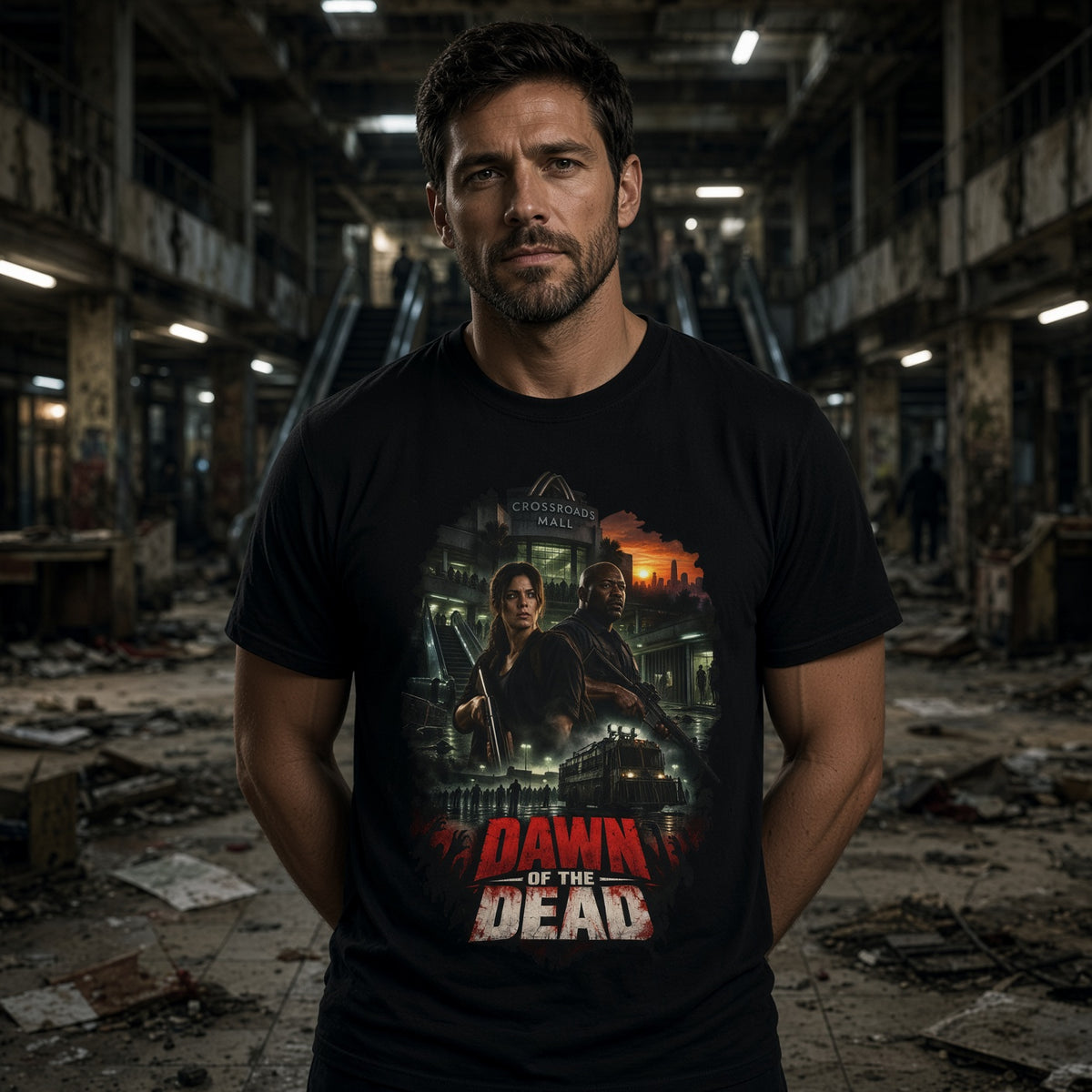 Dawn of the Dead T-Shirt – Retro Zombie Horror Movie Poster Tee — view 3