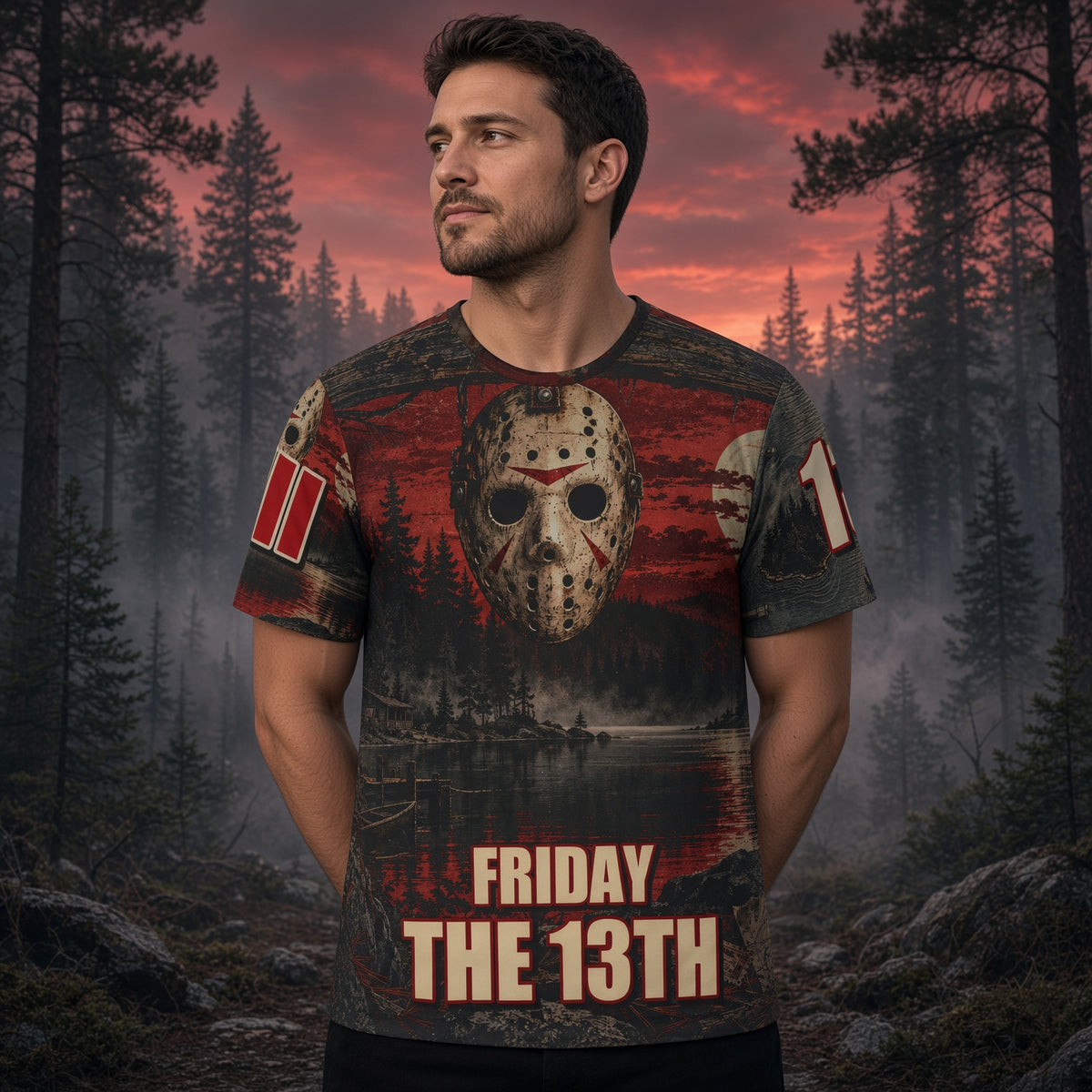 Friday the 13th Grindhouse Jason Mask Jersey — Crystal Lake Horror Sports Tee