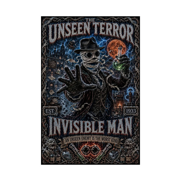 The Invisible Man Matte Vertical Poster — Retro Horror "The Unseen Terror" Movie Art