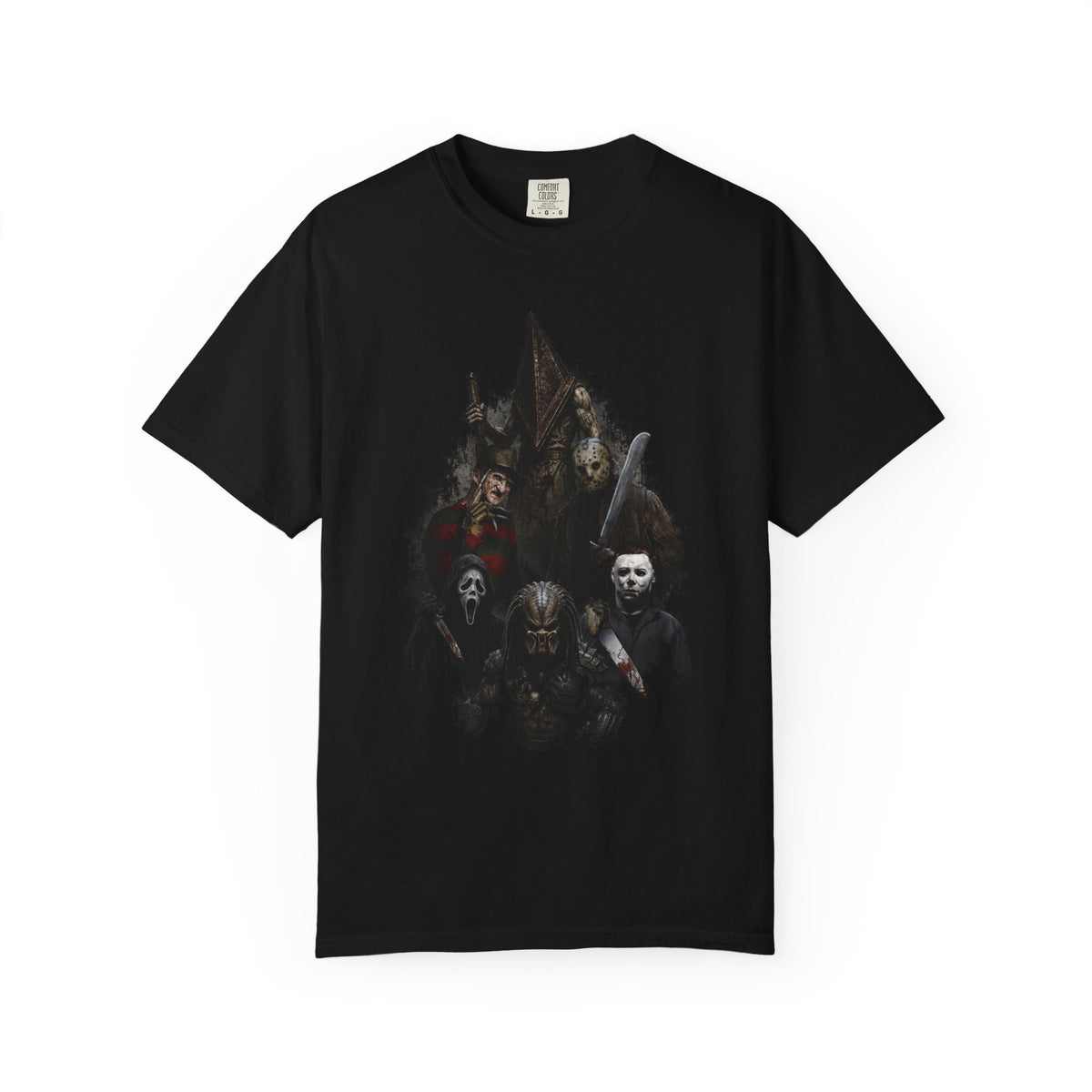 Horror Icons Collage T-Shirt – Classic Slasher Masked Villains Graphic Tee — view 5
