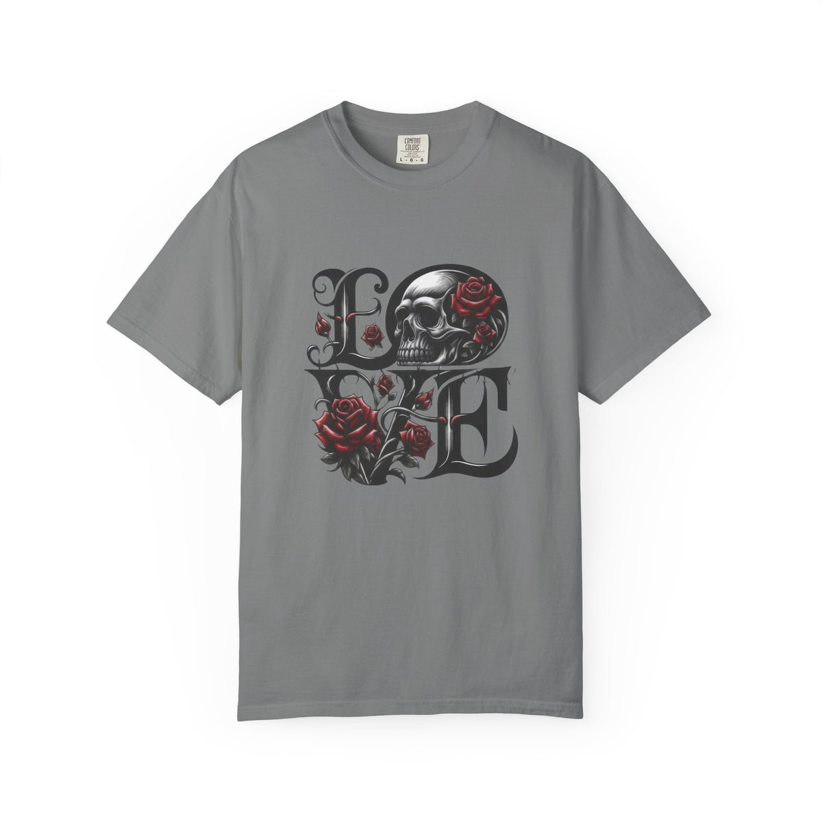 Skull and Roses LOVE T-shirt | Gothic Romance Typography Tee — view 7