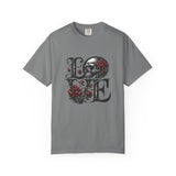 Skull and Roses LOVE T-shirt | Gothic Romance Typography Tee