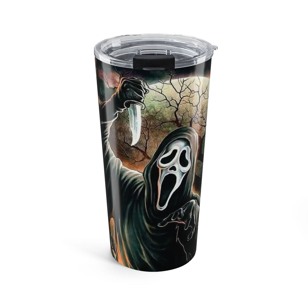 Horror Ghost Face Scream 20oz Tumbler — Scream Mask Killer Travel Cup (Blood-Splatter Newspaper Design)