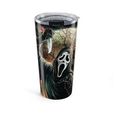 Horror Ghost Face Scream 20oz Tumbler — Scream Mask Killer Travel Cup (Blood-Splatter Newspaper Design)