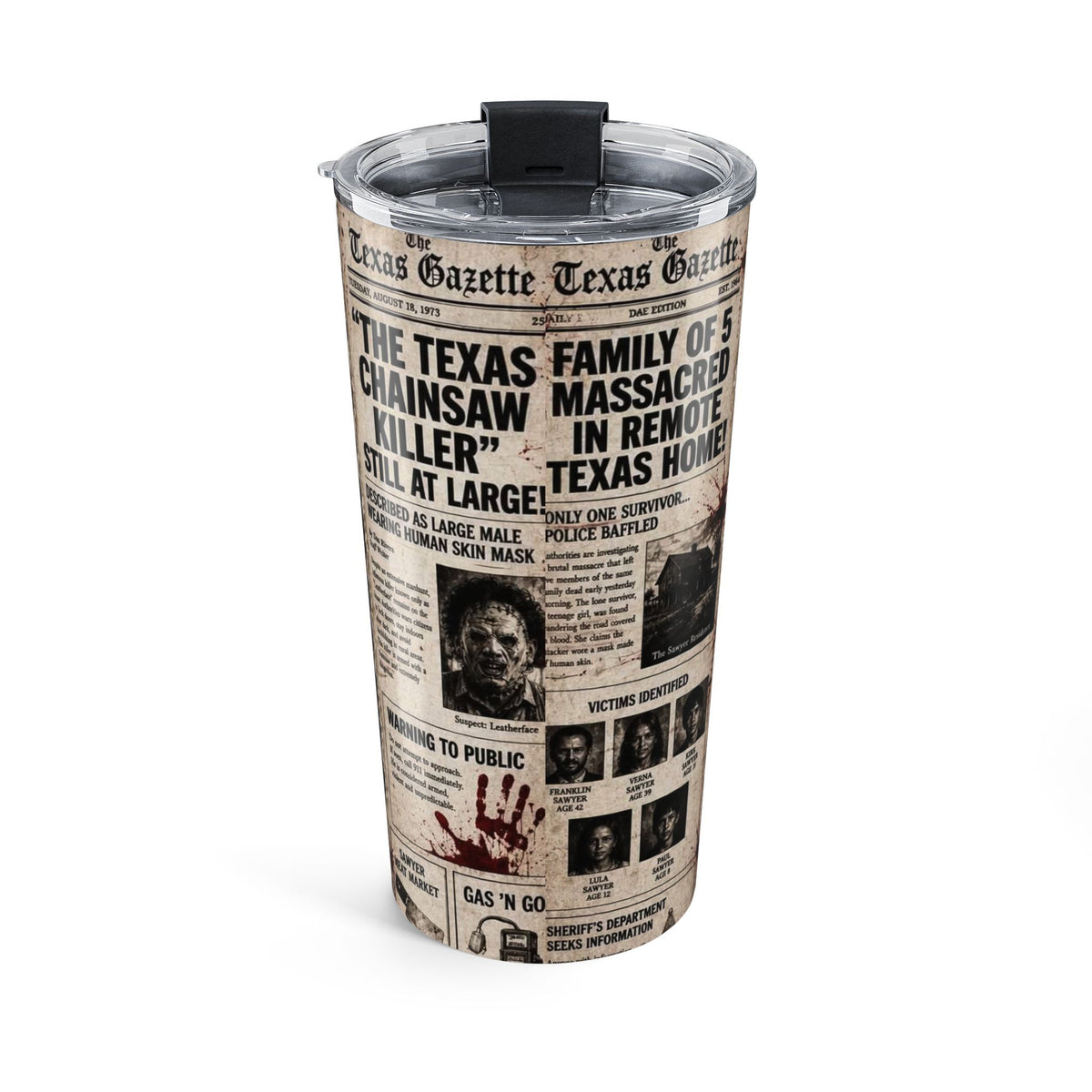 Texas Chainsaw Massacre Leatherface Newspaper 20oz Horror Tumbler — view 2