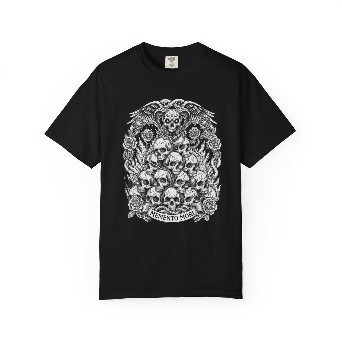 Memento Mori Skull Bouquet T-Shirt | Gothic Skull Stack, Roses — view 13