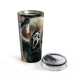 Horror Ghost Face Scream 20oz Tumbler — Scream Mask Killer Travel Cup (Blood-Splatter Newspaper Design)