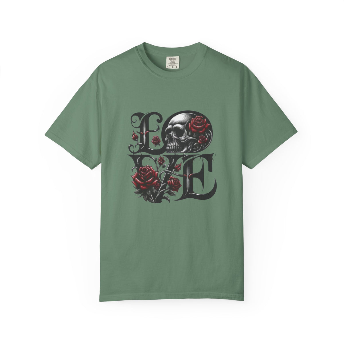 Skull and Roses LOVE T-shirt | Gothic Romance Typography Tee — view 9