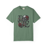 Skull and Roses LOVE T-shirt | Gothic Romance Typography Tee