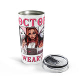 20oz In October We Wear Pink Female Horror Icons Tumbler — Creepy Girl & Masked Slasher Design