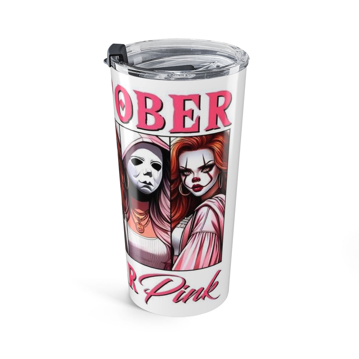 20oz In October We Wear Pink Female Horror Icons Tumbler — Creepy Girl & Masked Slasher Design — view 4