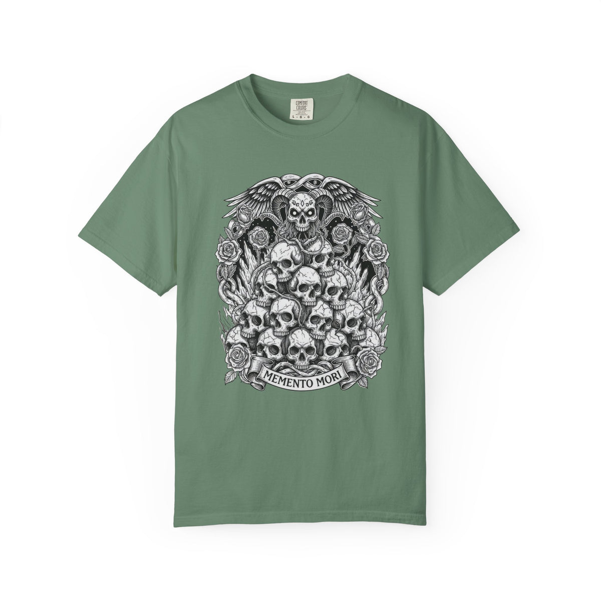 Memento Mori Skull Bouquet T-Shirt | Gothic Skull Stack, Roses — view 9