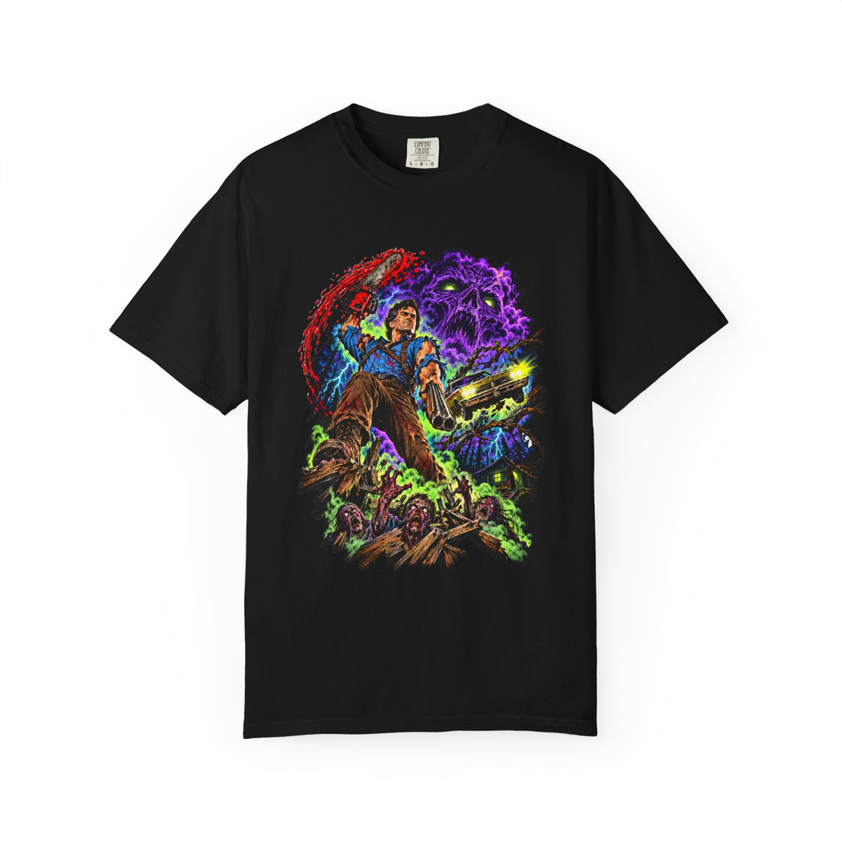 Evil Dead Mashup T-Shirt — Neon Retro Evil Dead Style Design — view 5