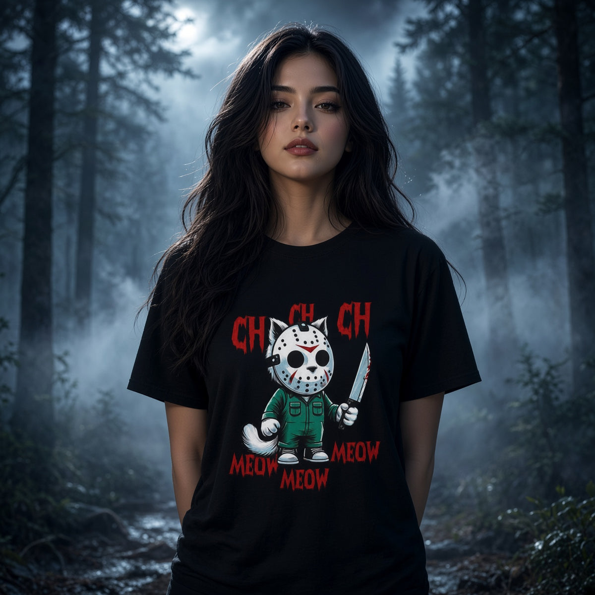 Jason Cat Horror T-Shirt — Cute Killer Kitty 'Meow Meow' Graphic Tee — view 2