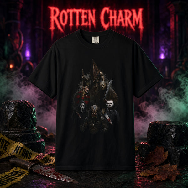 Horror Icons Collage T-Shirt – Classic Slasher Masked Villains Graphic Tee
