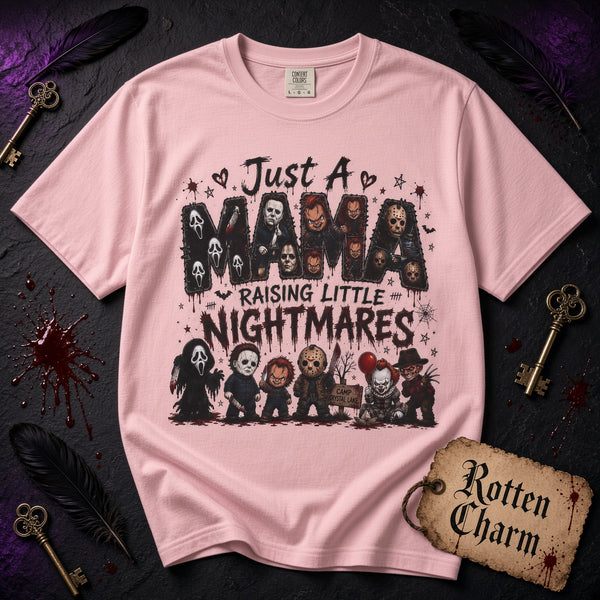Horror Mama T-Shirt — "Just a Mama Raising Little Nightmares" Graphic Tee
