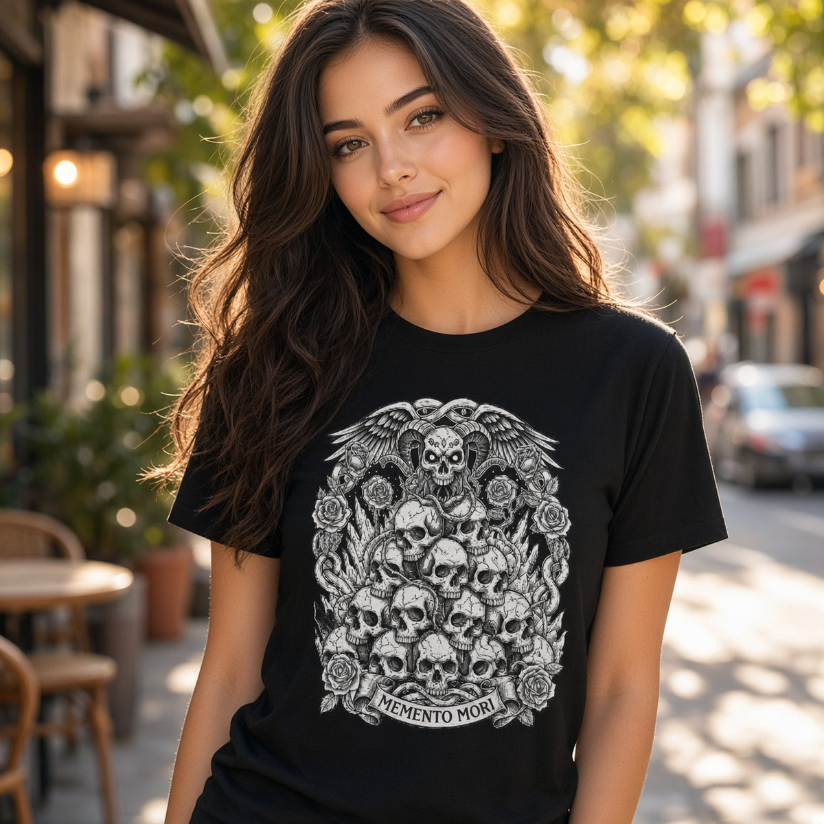 Memento Mori Skull Bouquet T-Shirt | Gothic Skull Stack, Roses — view 2