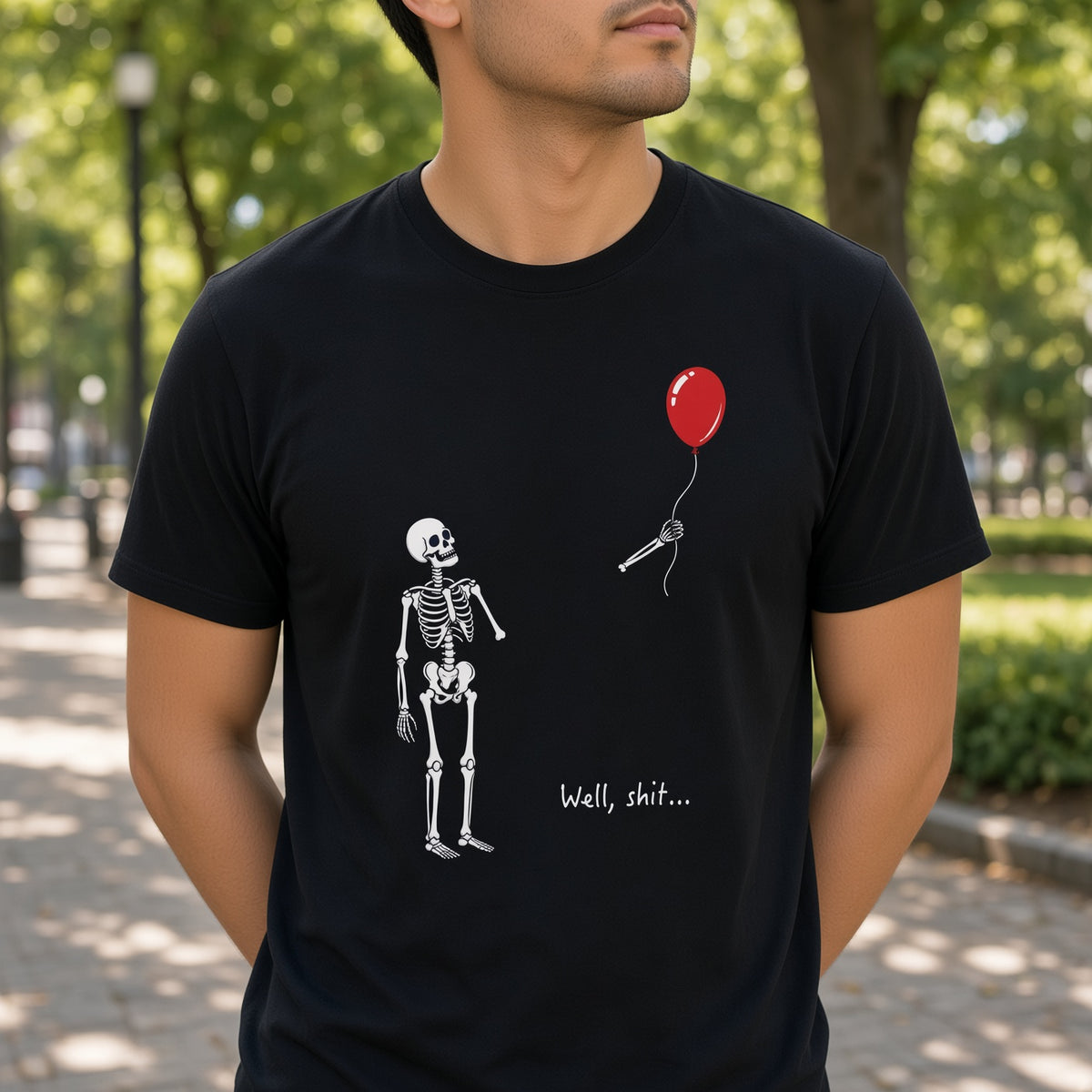 Skeleton with Red Balloon Well Shit T-Shirt — view 3